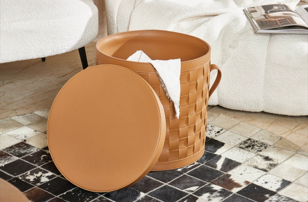 Grande panière en cuir tressé avec couvercle - Orange sellier